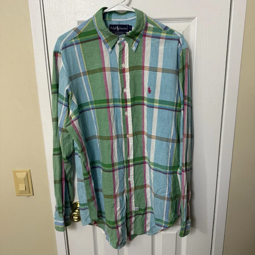 Ralph Lauren Men's Large Madras Plaid Button Down Shirt Multi Color Long Sleeve